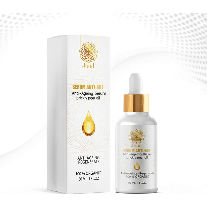 A white and gold anti-ageing serum bottle with a dropper, next to its matching packaging labeled 'Jood Anti-Ageing Serum with Prickly Pear Oil.