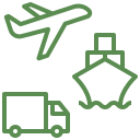 Illustration of an airplane, a cargo ship, and a truck, symbolizing global export and logistics